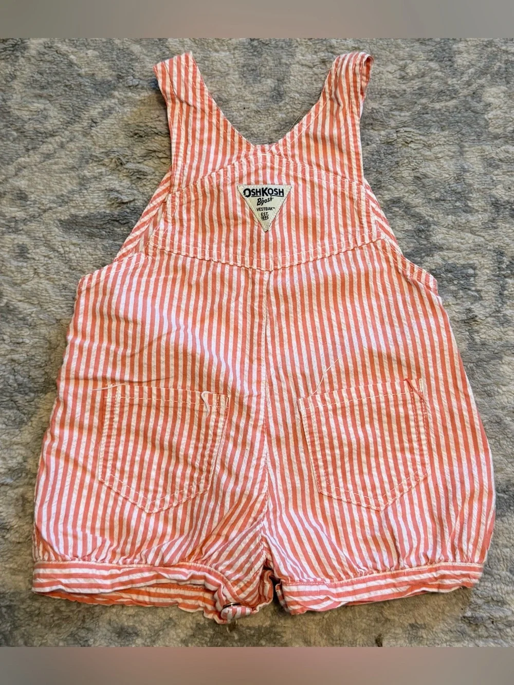 OshKosh B’gosh Coral White Striped Overalls 24M Toddler Adjustable Romper
